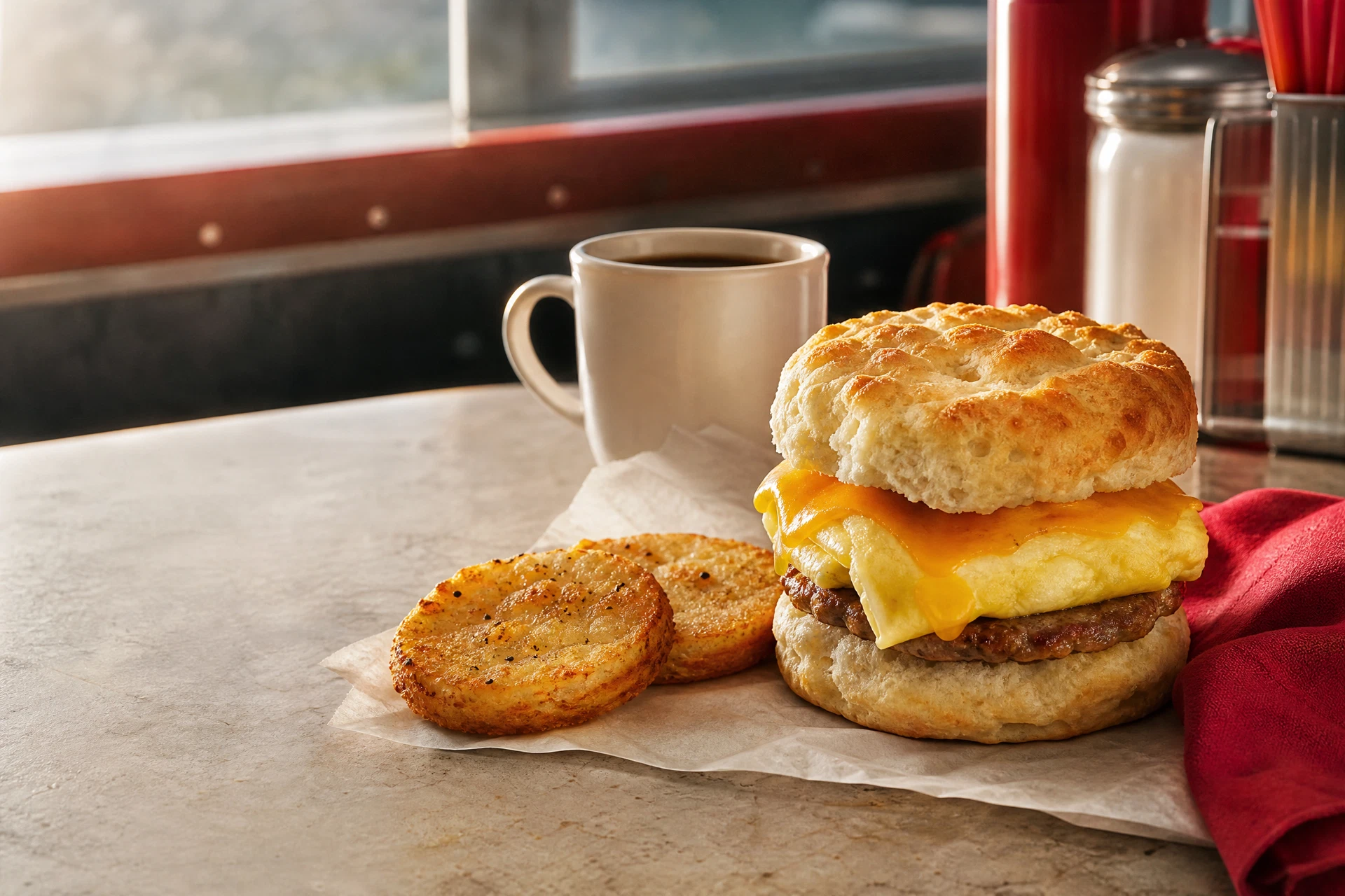 Breakfast biscuit, hash rounds and coffee on a diner counter