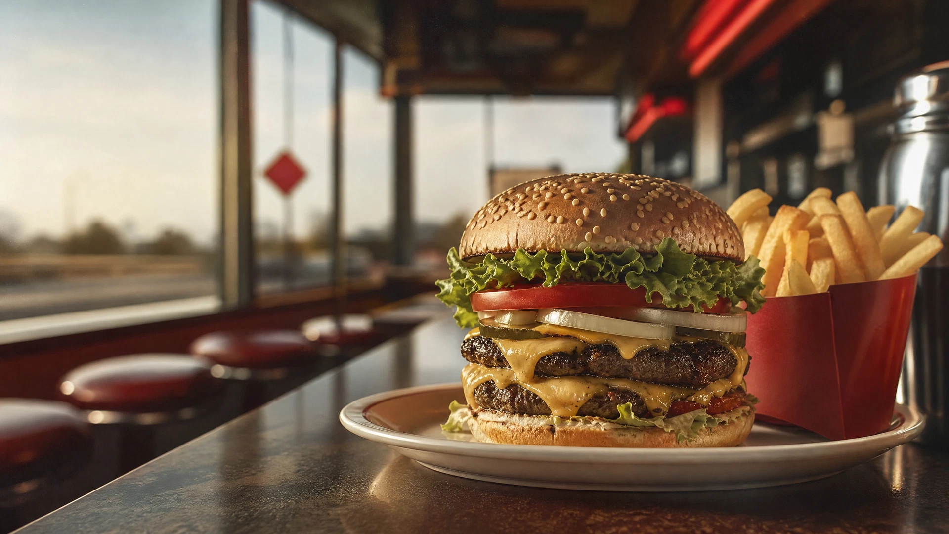 Charbroiled burger and fries on a diner counter